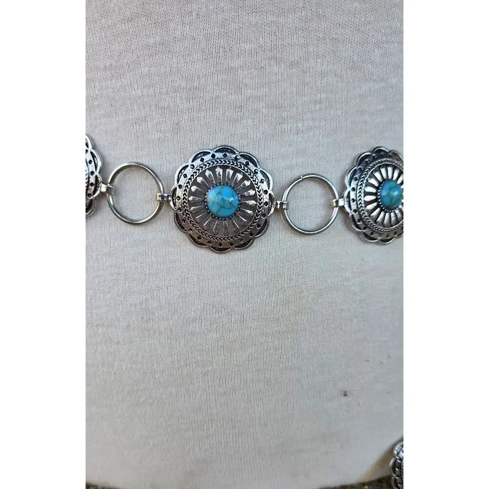 Cowgirl Concho Belt • Silver Medallions & Turquoise Accent • Rodeo / Festival
